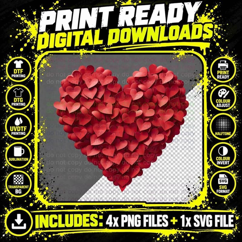 Red Hearts Petals Heart Shape Romantic Full T-Shirt Png SVG Digital Bundle
