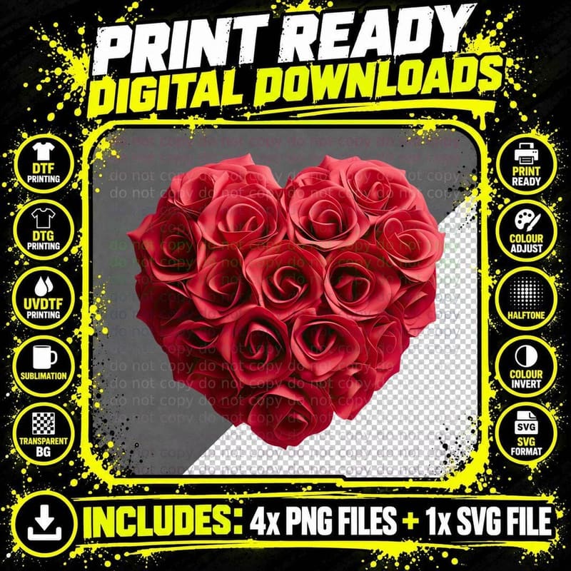 Red Roses Heart Shape Passionate Romantic T-Shirt Png SVG Digital Bundle