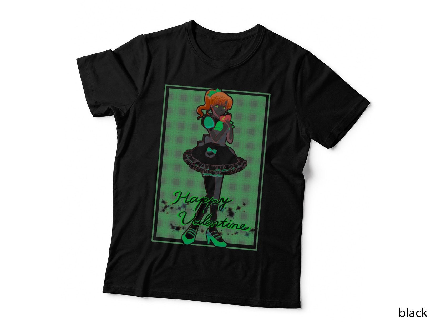 Red-Haired Anime Girl Happy Valentine Red Hair Green Frame T-Shirt