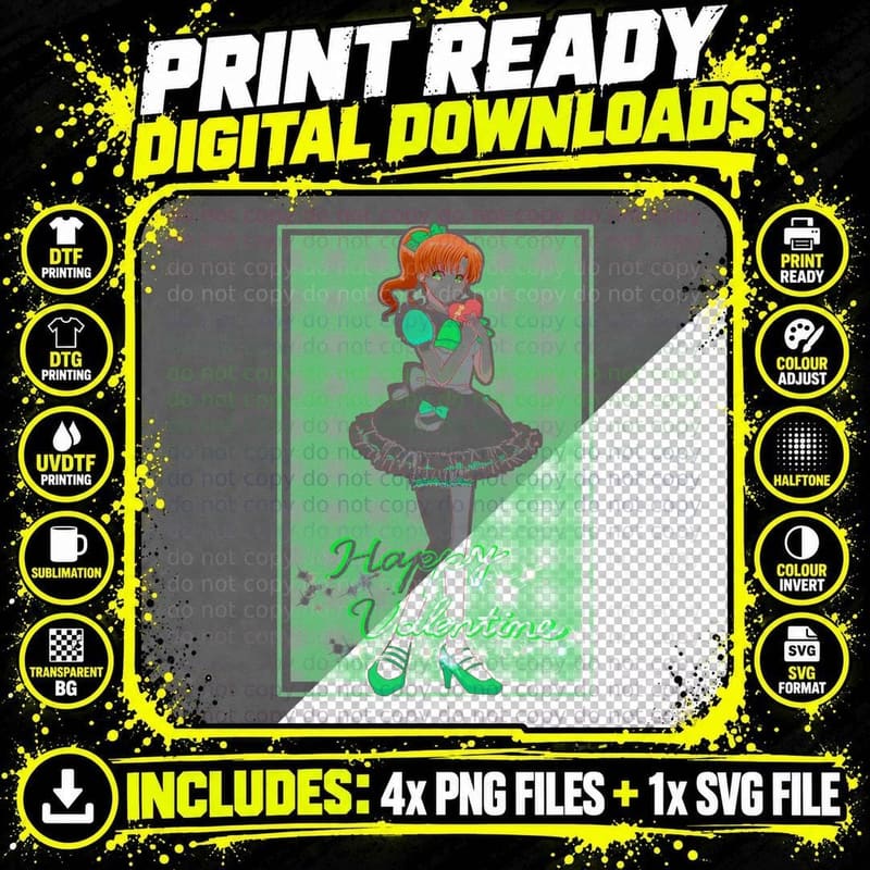 Red-Haired Anime Girl Happy Valentine Red Hair Green Png SVG Digital Bundle