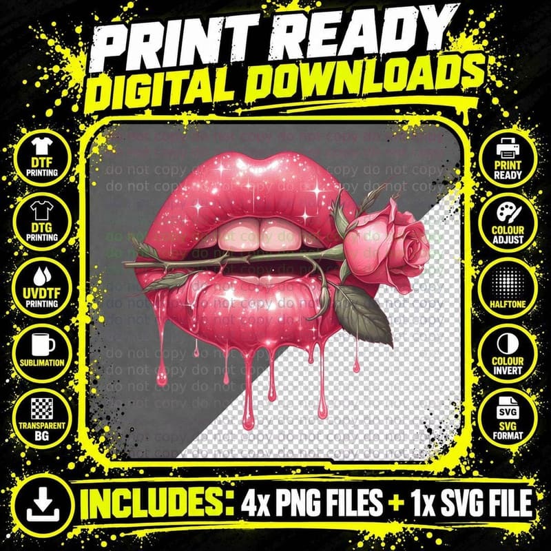 Rose Lips with Thorns Dripping Romantic Gothic T-Shirt Png SVG Digital Bundle