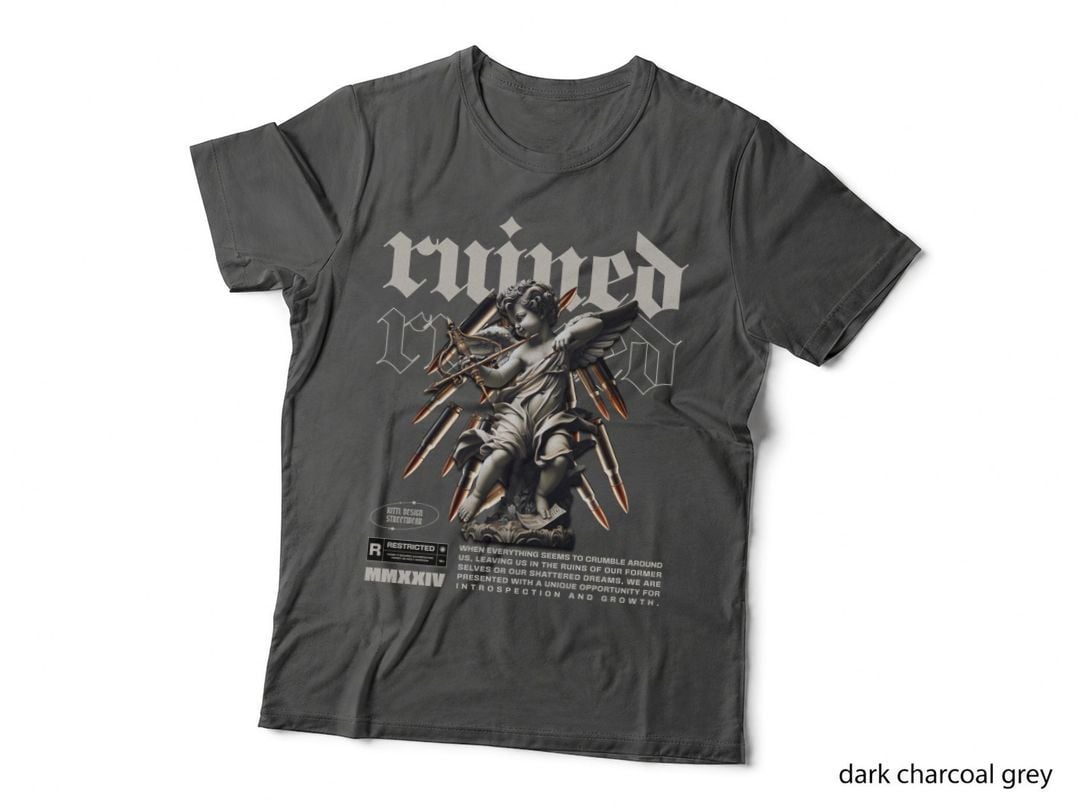 Ruined Classical Cherub Angel with Weapons Rust Effect T-Shirt