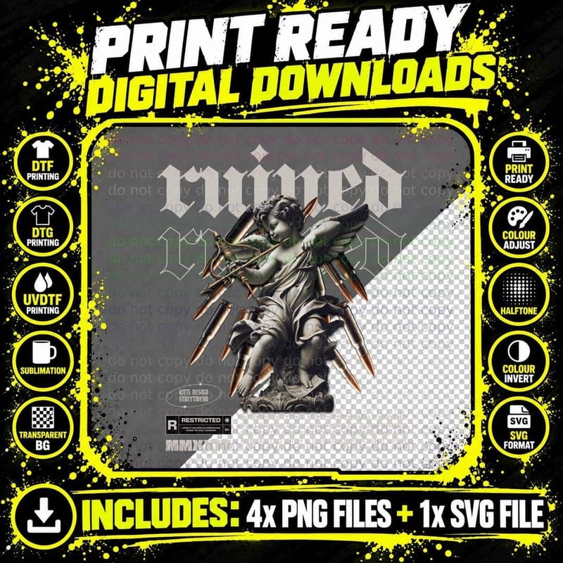 Ruined Classical Cherub Angel with Weapons Rust Effect Png SVG Digital Bundle