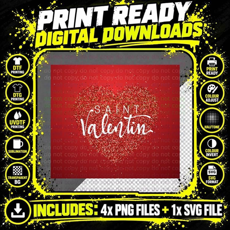 Saint Valentine Red Gold Glitter Heart Text Romantic Png SVG Digital Bundle