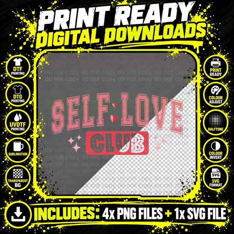Self Love Club Pink Distressed Text Sparkles Care Png SVG Digital Bundle