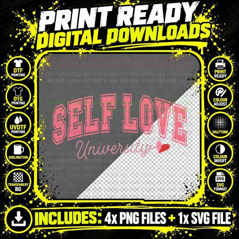 Self Love University Pink Red Stitched Outline Self-Care Png SVG Digital Bundle