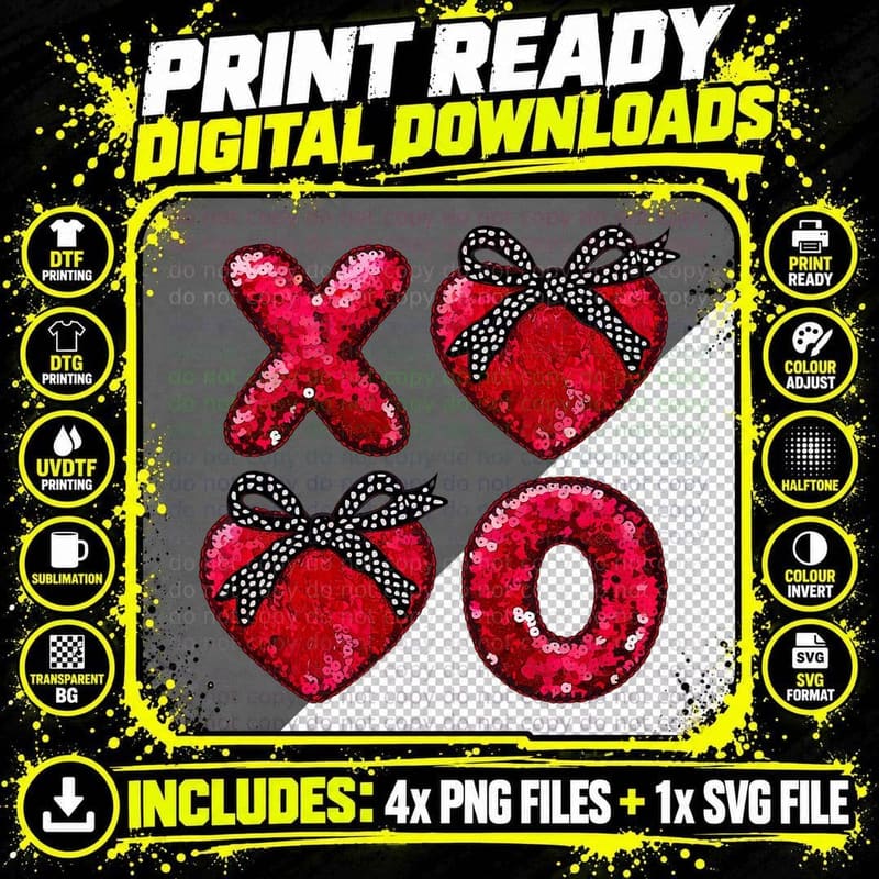Sequin Shapes Red Sequined X and Heart Bows Glittery Png SVG Digital Bundle