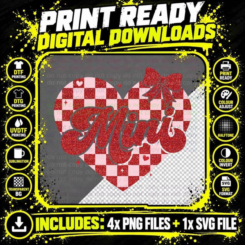 Sienna Checkered Glitter Heart Valentine Sparkle Bow Png SVG Digital Bundle