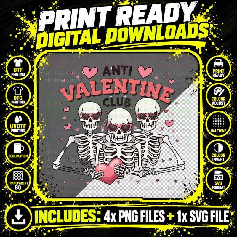 Skeletons Anti Valentine Club Three with Pink Sunglasses Png SVG Digital Bundle