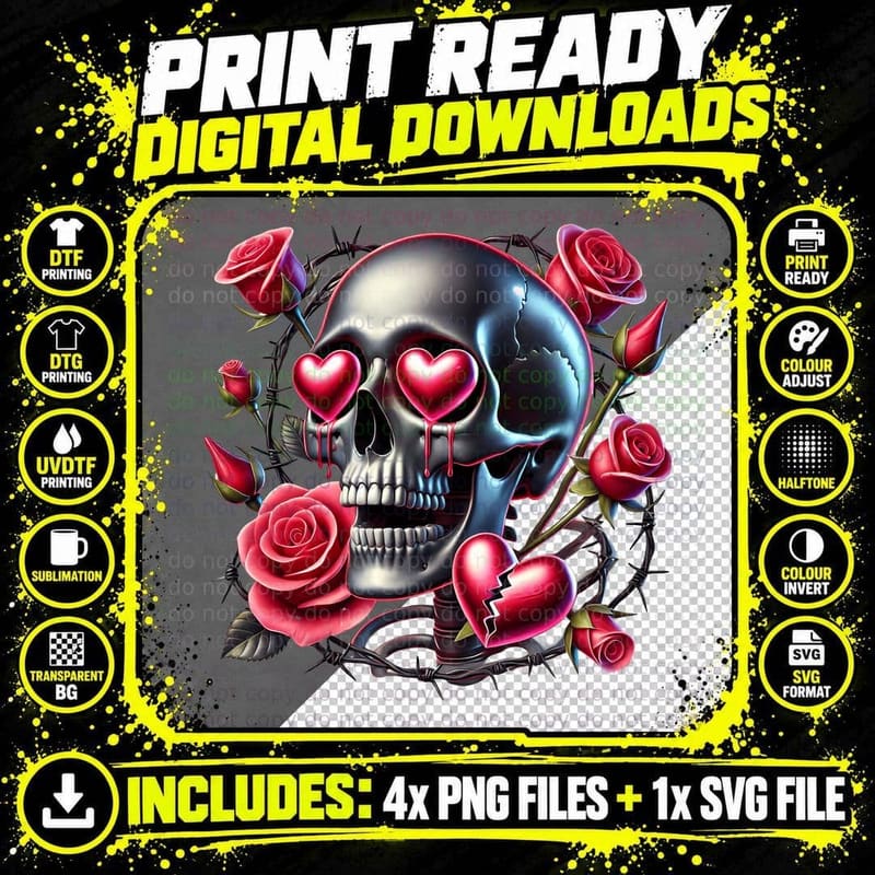 Skull Eyes Dark Heart Roses Dripping Goth T-Shirt Png SVG Digital Bundle