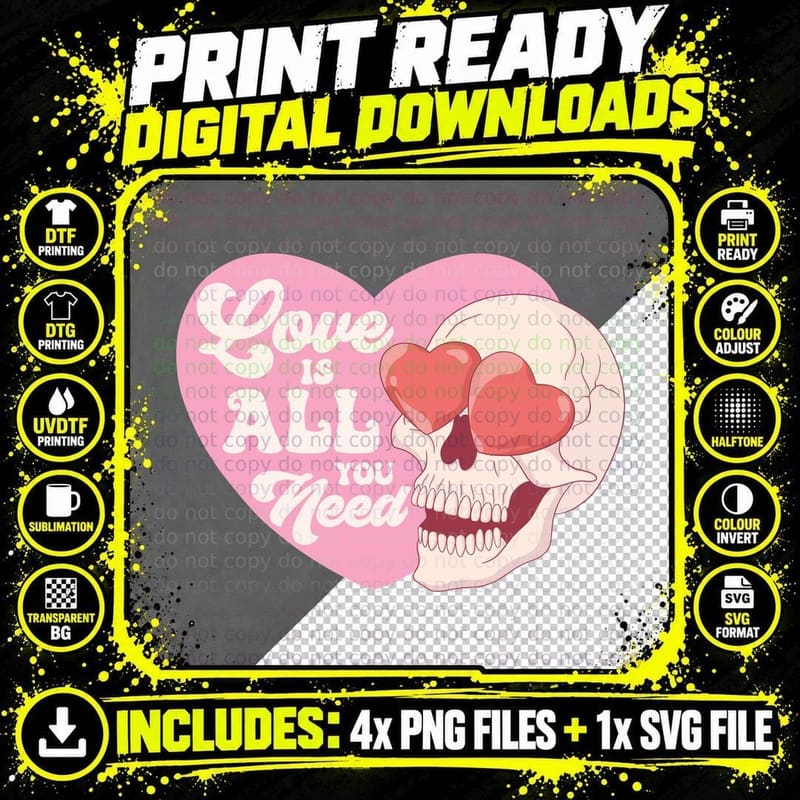 Skull Love Is All You Need Roses Heart Gothic Romantic Png SVG Digital Bundle