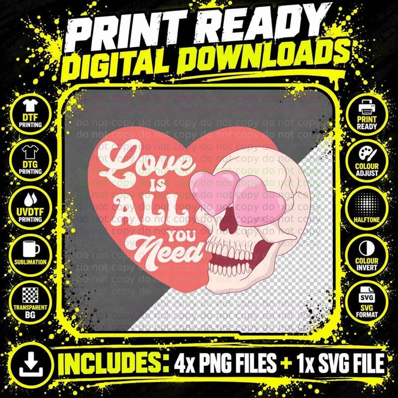 Skull Love Is All You Need and Heart Pink Dark Romance Png SVG Digital Bundle