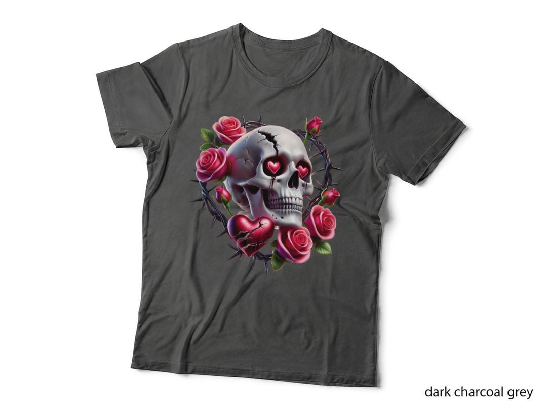 Skull Roses White Pink Hearts Goth Aesthetic T-Shirt