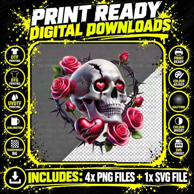 Skull Roses White Pink Hearts Goth Aesthetic T-Shirt Png SVG Digital Bundle