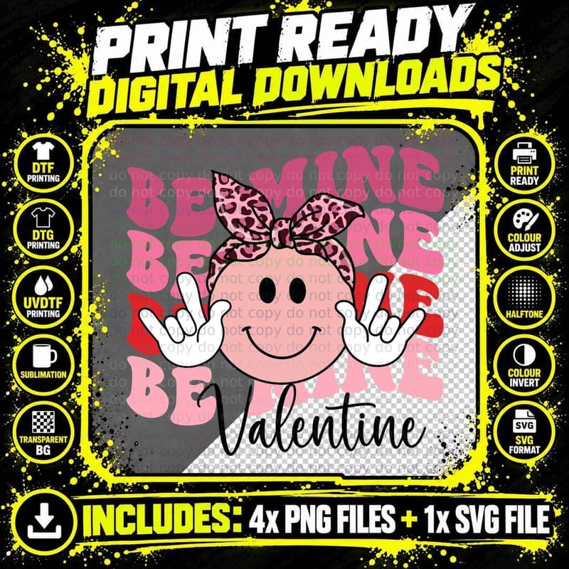 Smiley Face Woman Be Mine Valentine Retro Cute Girl Png SVG Digital Bundle