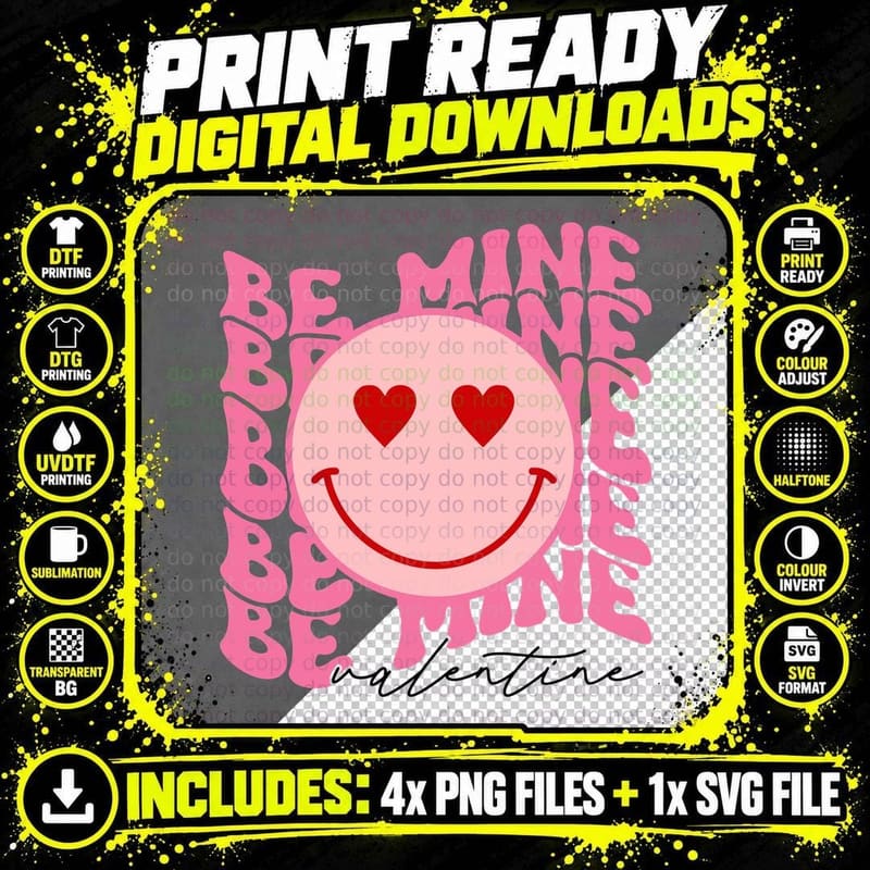 Smiley Heart Face Be Mine a Valentine Retro Cute T-Shirt Png SVG Digital Bundle