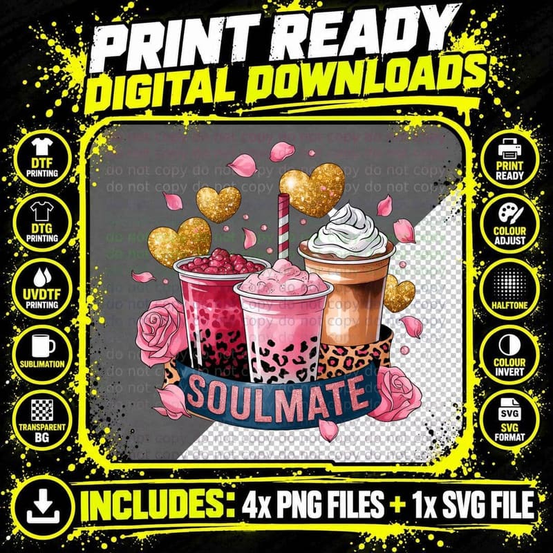 Soulmate Boba Tea Cups Leopard Flowers T-Shirt Png SVG Digital Bundle