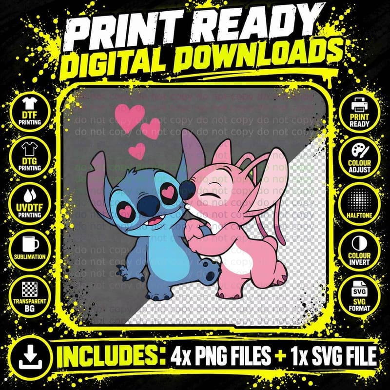 Stitch Angel Blue Pink Heart Eyes Cute Sitting T-Shirt Png SVG Digital Bundle
