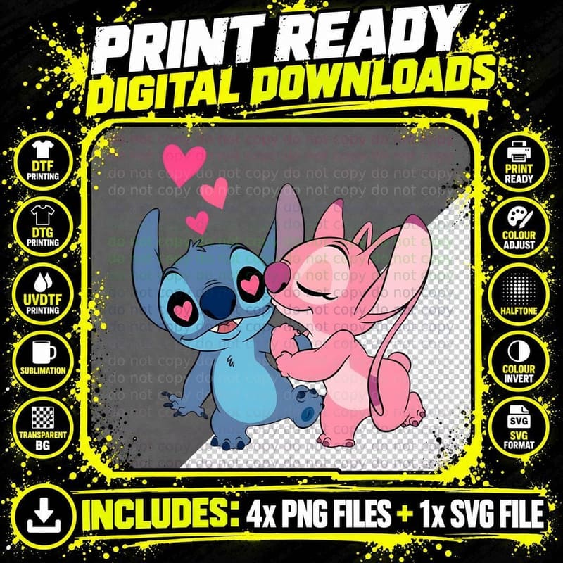 Stitch Angel Blue Pink Hearts Cuddle Embrace Cute T-Shirt Png SVG Digital Bundle