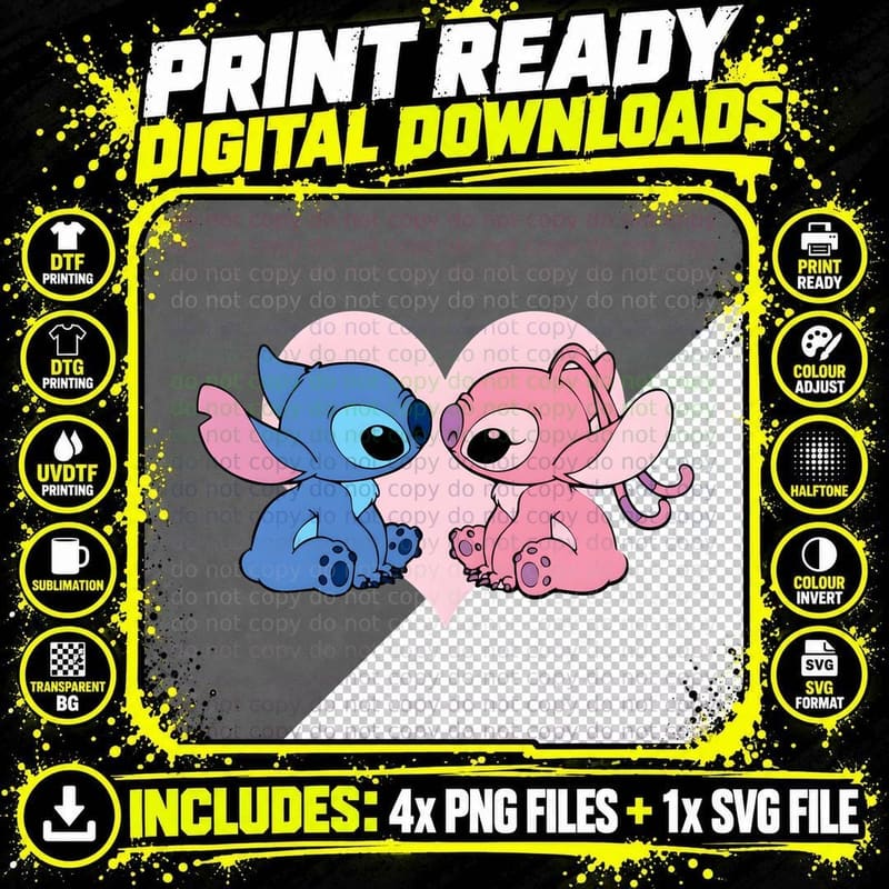 Stitch Angel Blue Pink Hearts Sitting Couple T-Shirt Png SVG Digital Bundle