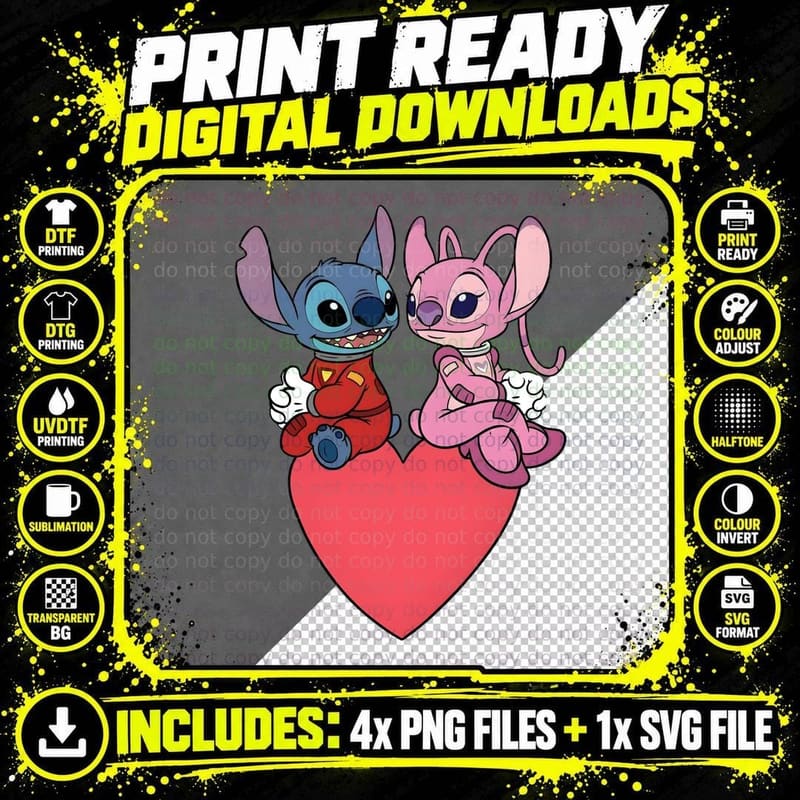 Stitch Angel Blue Pink Red Heart Shape Holding T-Shirt Png SVG Digital Bundle
