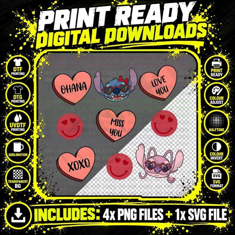 Stitch Angel Coral Pink Hearts Messages Confetti Cute Png SVG Digital Bundle