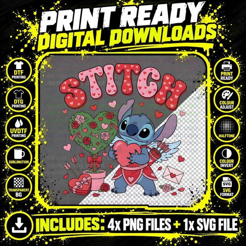 Stitch Angel Flowers Hearts T-Shirt Png SVG Digital Bundle