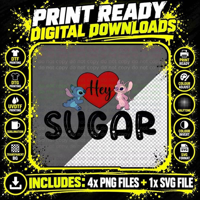 Stitch Angel Hey Sugar Blue Pink Characters Red Heart Png SVG Digital Bundle