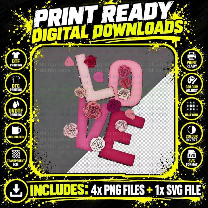 Stitch Angel Love Pink Red Flowers Large Text Romantic Png SVG Digital Bundle