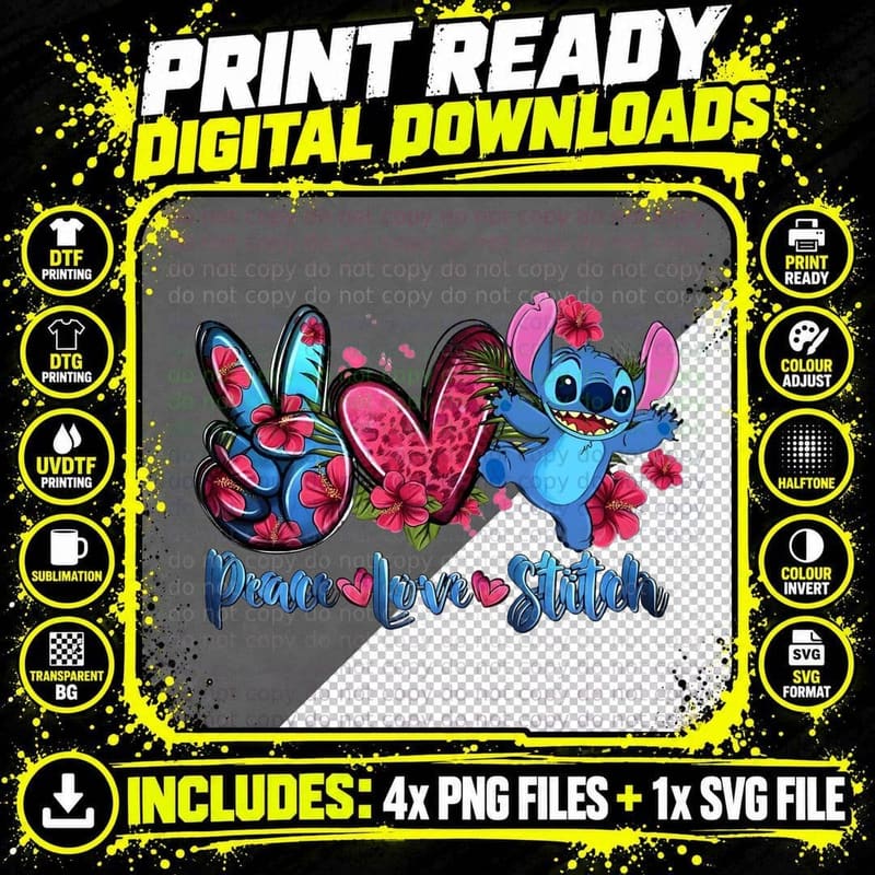 Stitch Angel Peace Love Pink Blue Heart Sign Flowers Png SVG Digital Bundle