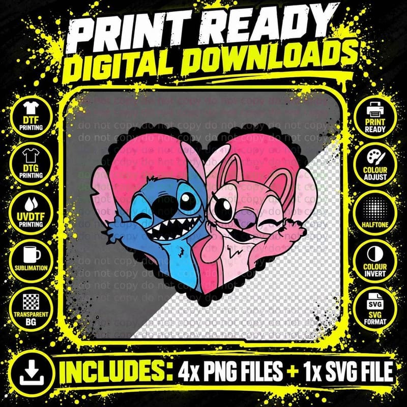 Stitch Angel Pink Blue Black Heart Shaped Outline T-Shirt Png SVG Digital Bundle