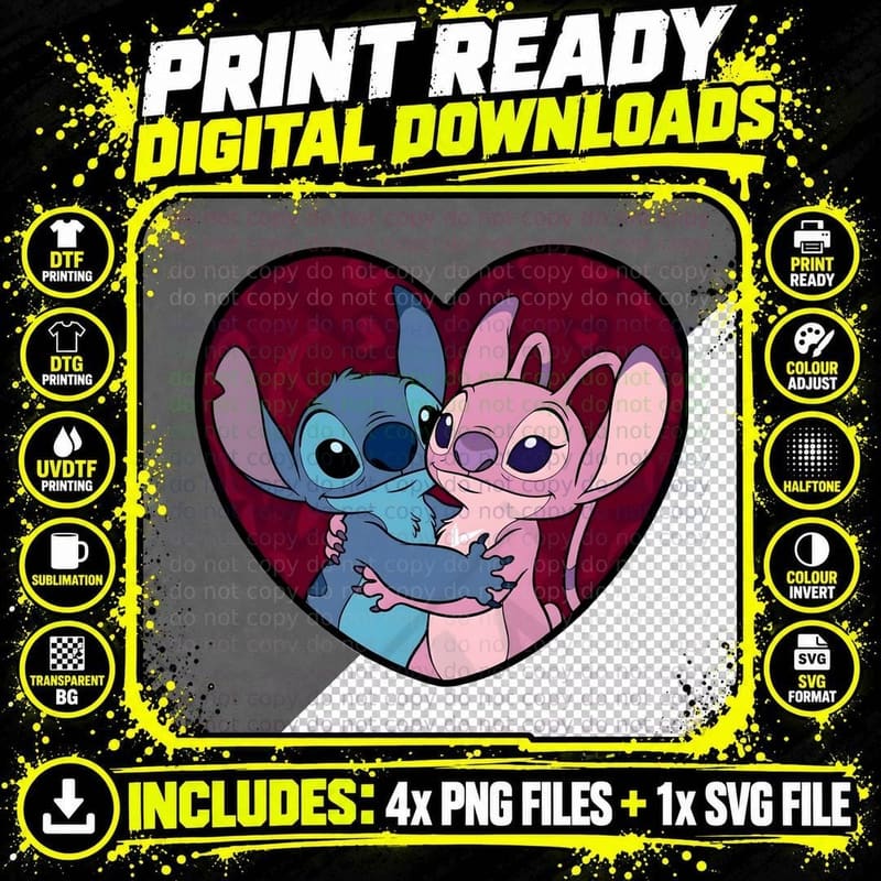 Stitch Angel Pink Blue Hearts Hug Embrace Romantic Png SVG Digital Bundle