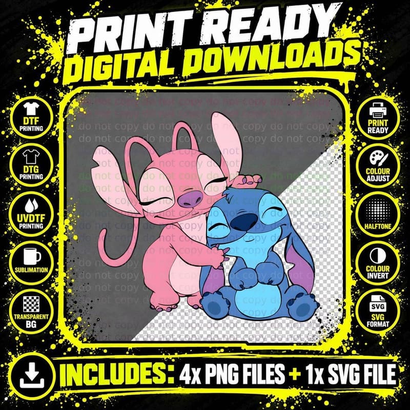 Stitch Angel Pink Blue Holding Embracing Romantic T-Shirt Png SVG Digital Bundle