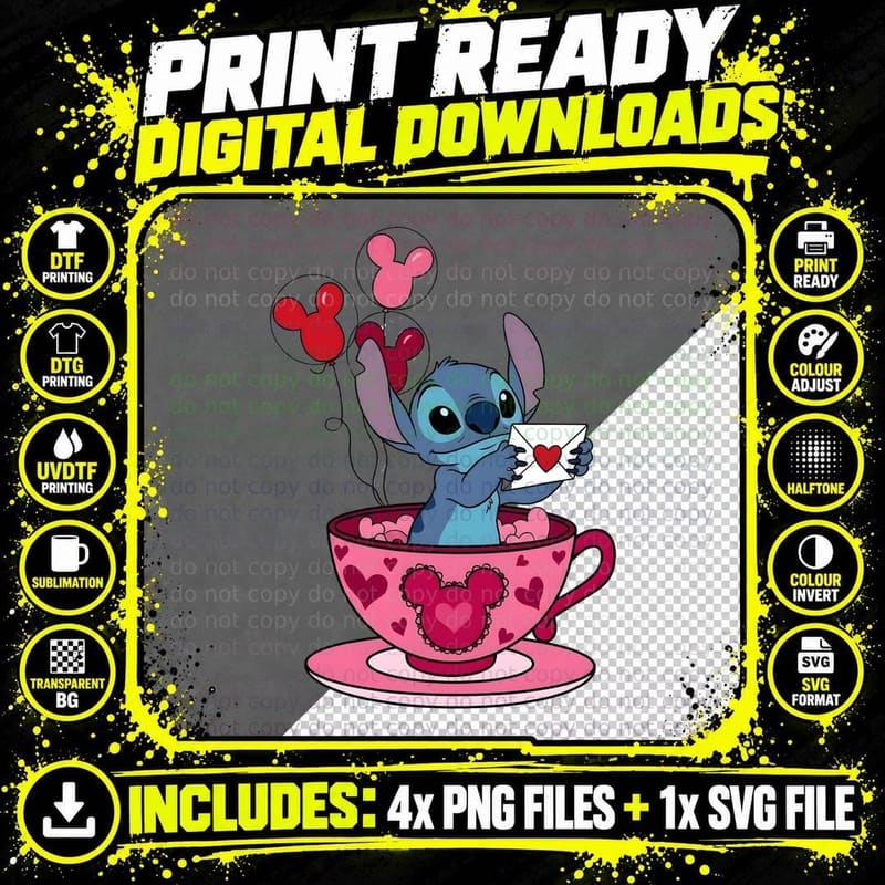 Stitch Angel Pink Blue Teacup Letter Rose Cute T-Shirt Png SVG Digital Bundle