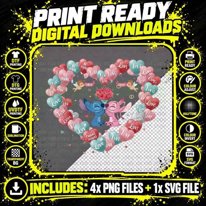 Stitch Angel Pink White Blue Balloons Heart Wreath Png SVG Digital Bundle