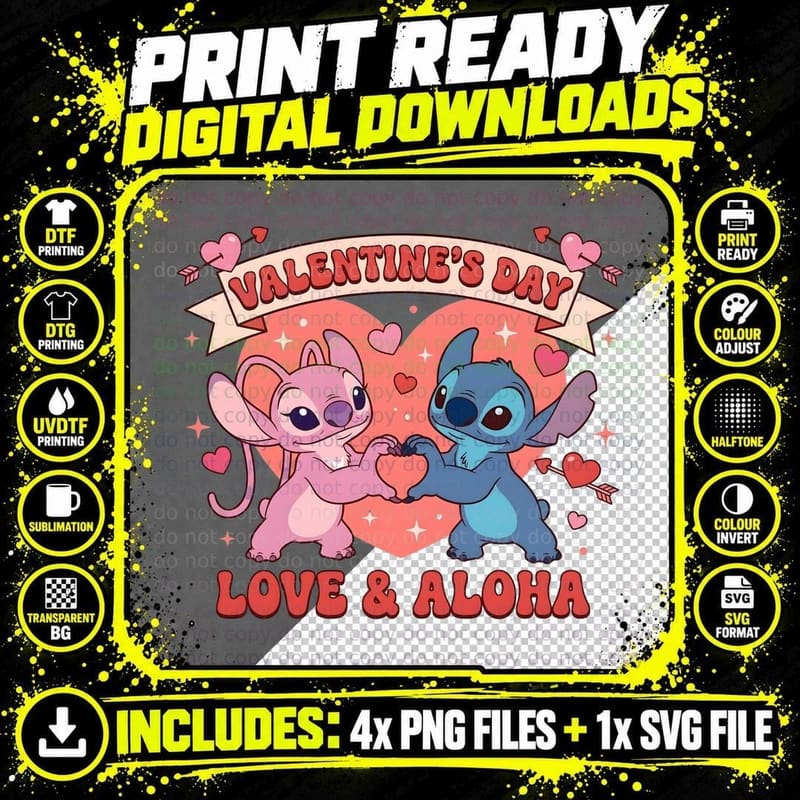 Stitch Angel Valentine's Day Love and Aloha Pink Blue Png SVG Digital Bundle