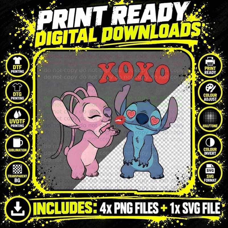 Stitch Angel XOXO Pink Blue Characters Hearts Kiss Png SVG Digital Bundle