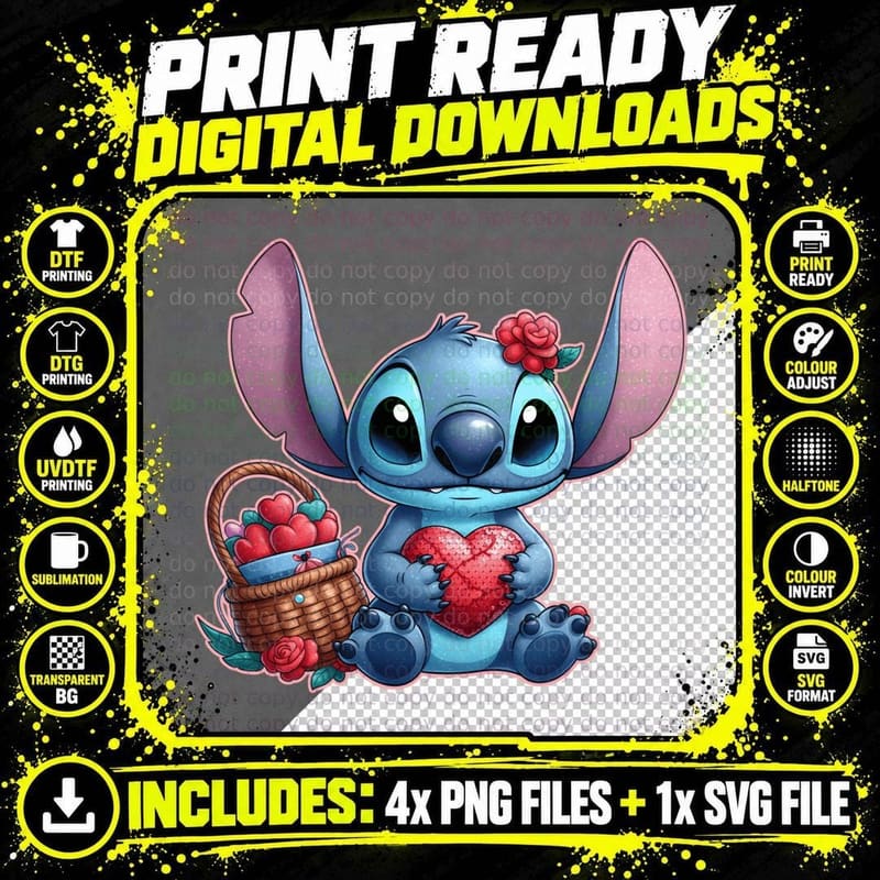 Stitch Basket Red Flowers T-Shirt Png SVG Digital Bundle