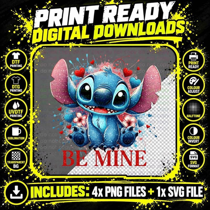 Stitch Be Mine Splatter Heart Emotion T-Shirt Png SVG Digital Bundle
