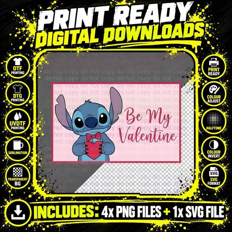 Stitch Be My Valentine Pink Box Text Frame T-Shirt Png SVG Digital Bundle