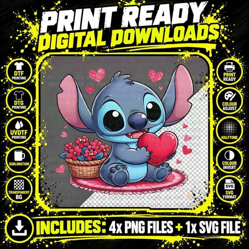Stitch Bicycle Heart Flowers Basket T-Shirt Png SVG Digital Bundle
