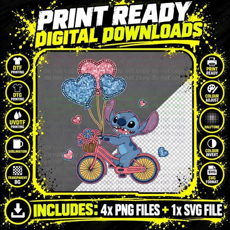 Stitch Bicycle Heart Flowers T-Shirt Png SVG Digital Bundle