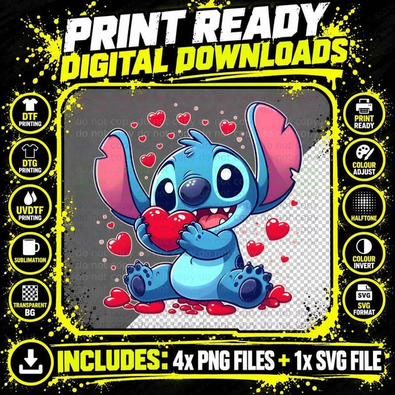 Stitch Blue Alien Holding Red Heart Sparkle T-Shirt Png SVG Digital Bundle