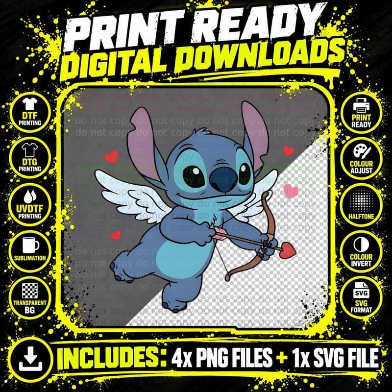 Stitch Blue Cupid Arrow Wings Romantic Hearts T-Shirt Png SVG Digital Bundle