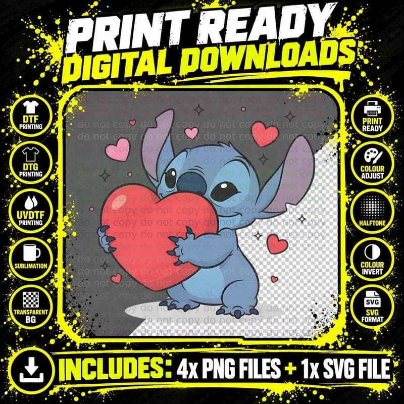 Stitch Blue Heart Sparkles Cute Minimalist T-Shirt Png SVG Digital Bundle