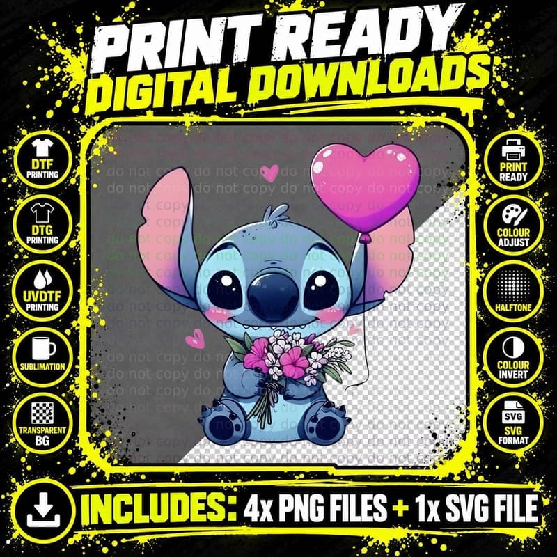 Stitch Blue Pink Heart Balloon Flowers Cute T-Shirt Png SVG Digital Bundle