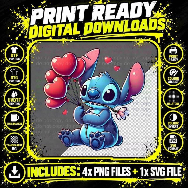 Stitch Blue Pink Heart Balloons Floating Cute T-Shirt Png SVG Digital Bundle