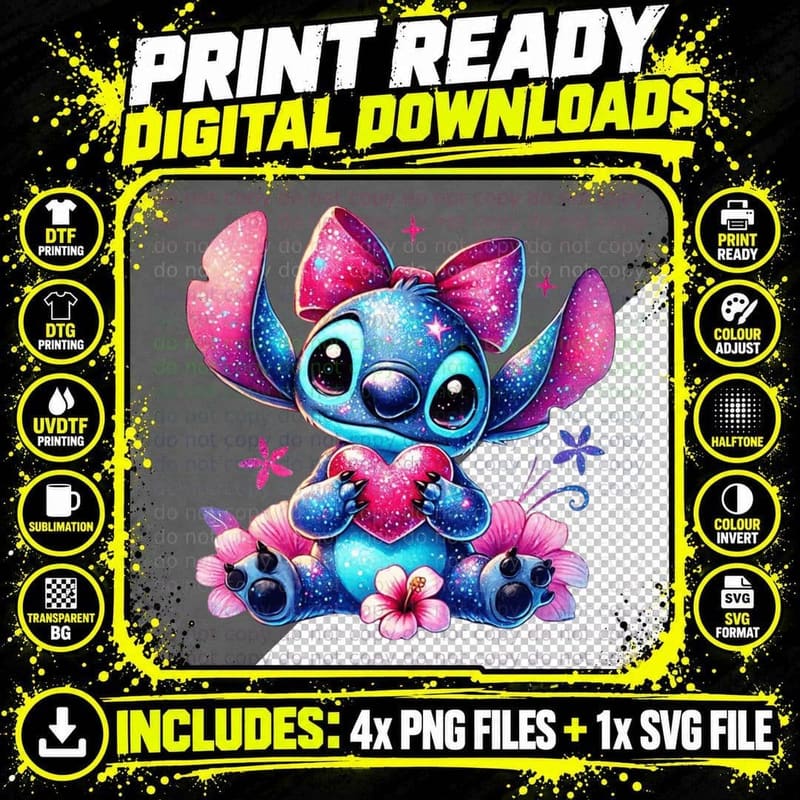 Stitch Blue Pink Sparkle Bow Flowers Heart T-Shirt Png SVG Digital Bundle