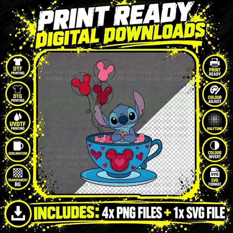 Stitch Blue Pink Teacup Bouquet Hearts T-Shirt Png SVG Digital Bundle