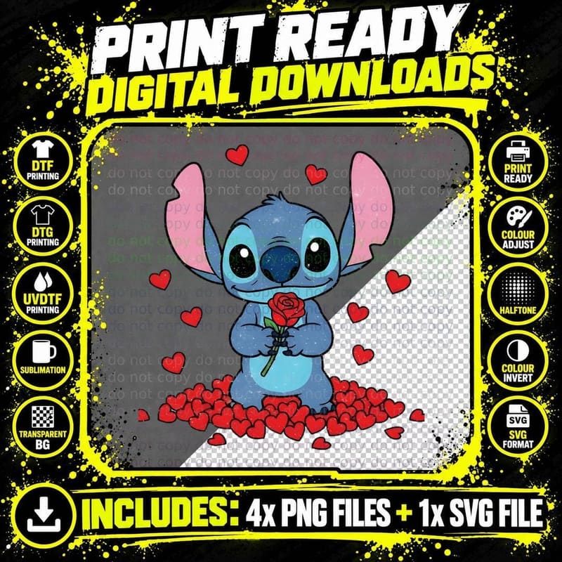 Stitch Blue Rose Hearts Holding Romantic T-Shirt Png SVG Digital Bundle